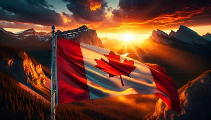 Fotobehang Canadian flag on the mountain at sunset for celebration of canada flag day. © Milano