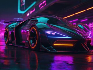Cybernetic Thrills: Fast Futuristic Supercar with Neon Background