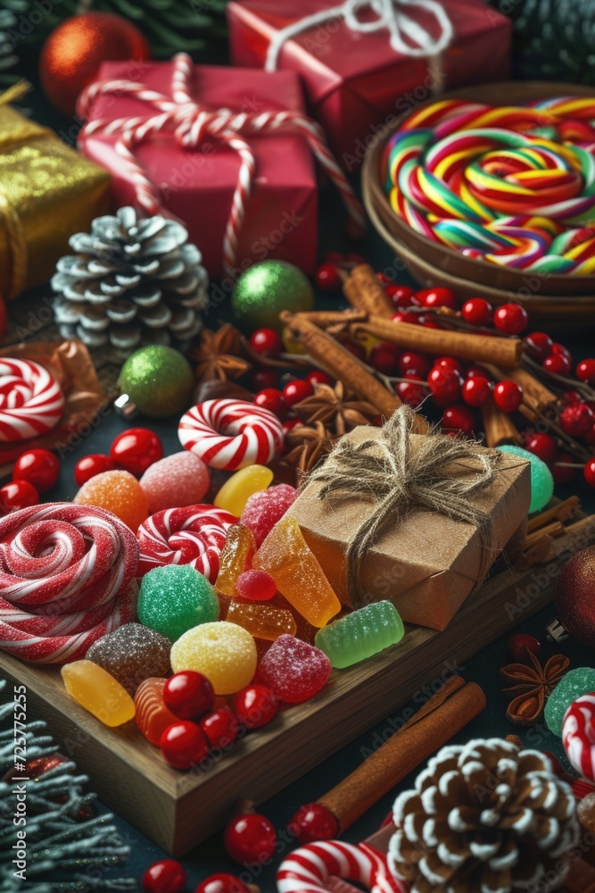 Poster various types of candies displayed on a table. perfect for sweet treats and dessert concepts