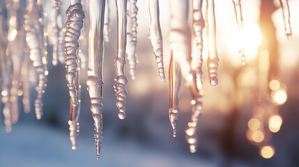 Close-up shots capturing the delicate beauty of glistening icicles hanging in a pristine winter landscape