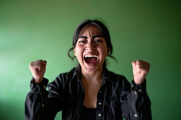 a woman with her mouth open and fists in the air