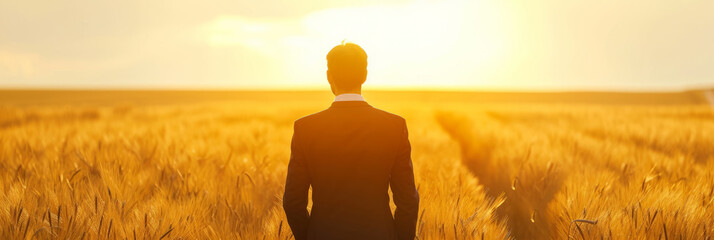 A businessman who follows the sun and gains courage, success, strength and vision. Businessman standing in cut gold field. Sunset yellowish cinematic colors.