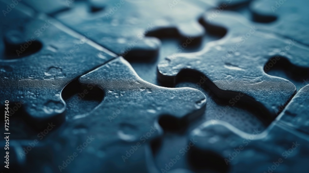 Poster A close-up view of a puzzle piece on a table. This image can be used to represent problem-solving, teamwork, or the concept of fitting in