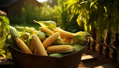 .Photo of a basket filled with raw corn