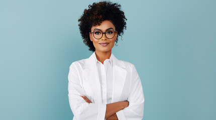Black woman Ophthalmologist standing over isolated background