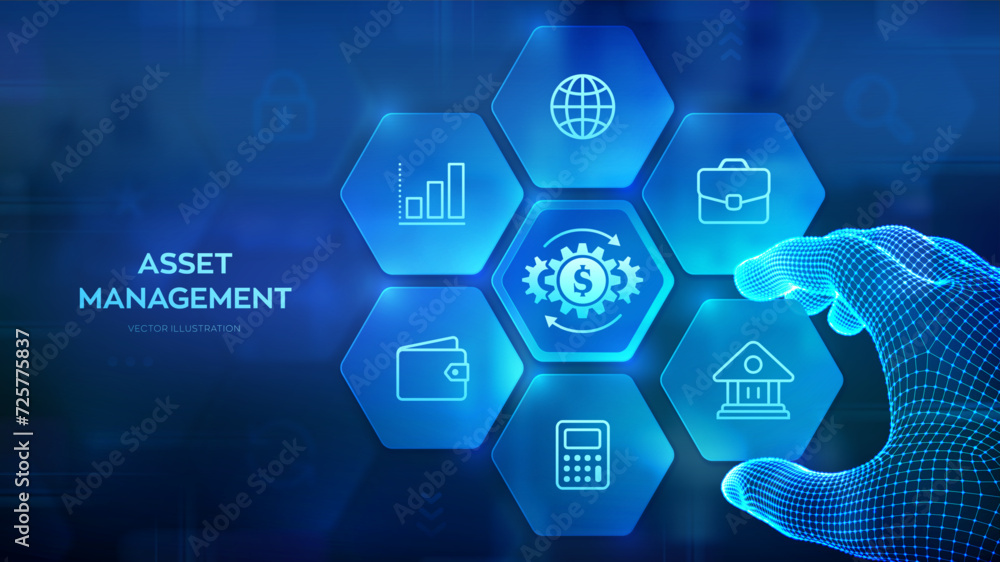 Poster asset management. business investment banking payment technology concept on virutal screen. wirefram