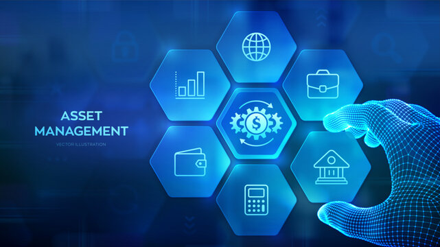 Asset management. Business investment banking payment technology concept on virutal screen. Wireframe hand places an element into a composition visualizing Asset management. Vector illustration.