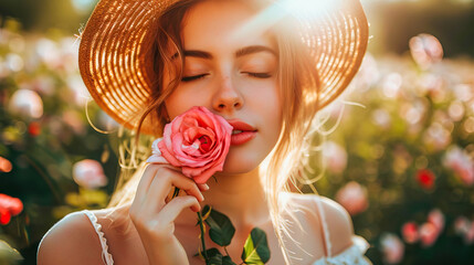 Young woman smelling a rose in the field at the end of the day