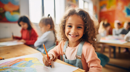 Excited little girl learns to draw with a colour pencil in an art class