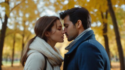 Fototapeta premium Embracing Couple Sharing a Tender Moment in a Sunlit Autumn Park