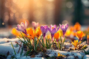 Crocuses of different colors, the first spring flowers in a snowy forest in the rays of the sun