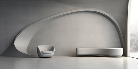 Abstract, modern interior design features a curved, gray geometric composition.