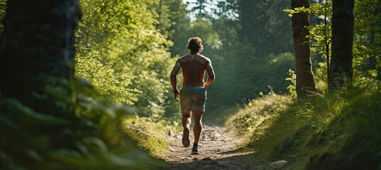 A young adult man runs through the forest on a natural path on a sunny summer day