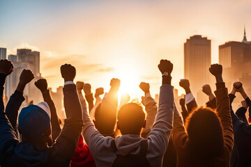 Fototapeta premium Multi-ethnic people silhouettes raise their fists up in the autumn sunset background.