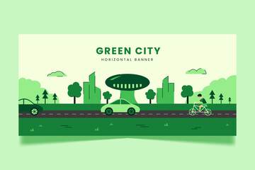 Ecology green city concept background. Environmental sustainability flat illustration for poster, flyer, banner.