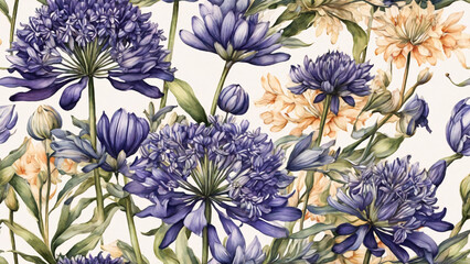 Seamless pattern with Agapanthus flowers. Watercolor illustration - obrazy, fototapety, plakaty