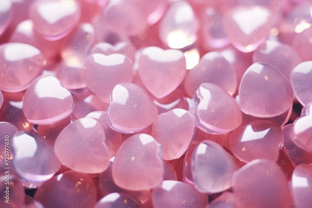 Poster a close-up view of a bunch of pink heart-shaped beads. this image can be used for various creative p