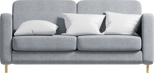 Front view of grey sofa with white cushions