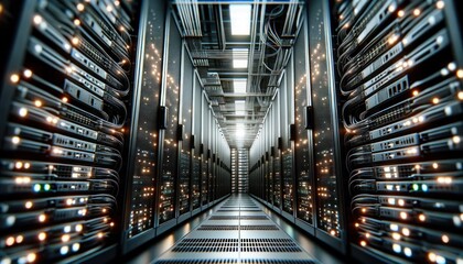 Close-up view of servers in a data center, focusing on the detailed architecture including racks, cables, and lights. - obrazy, fototapety, plakaty