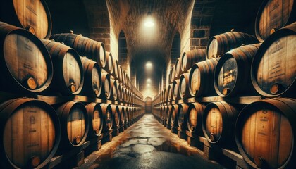 Rows of wooden sherry barrels in a dimly lit, rustic cellar