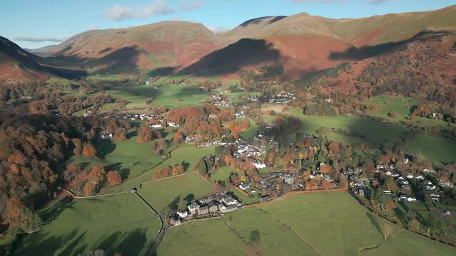 Aerial view of Grasmere and surrounding Fells, home of William Wordsworth, Lake district National Park, Cumbria, England