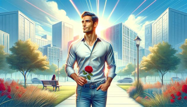 A man in his 30s, dressed in a casual shirt and jeans, stands in an urban park with a hopeful expression. He holds a red rose, symbolizing his search for love.