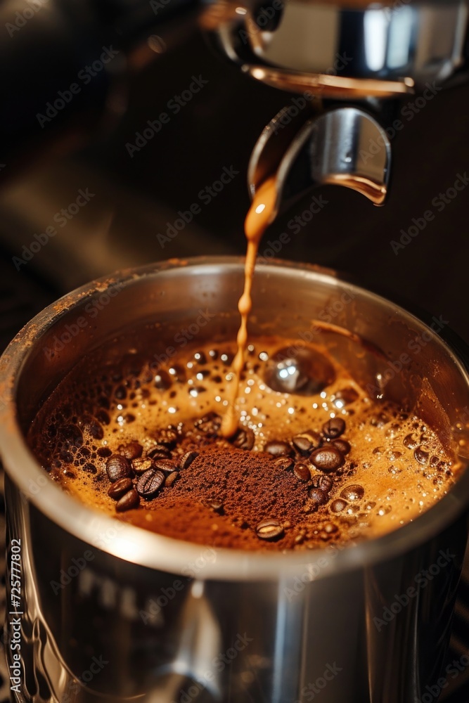 Poster a cup of coffee being poured into a pot. suitable for coffee-related projects or articles