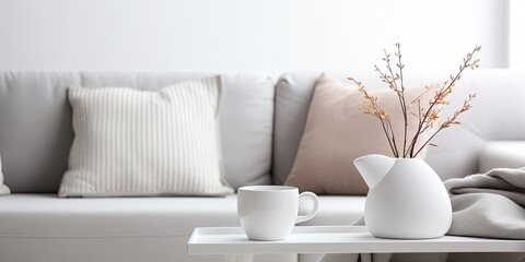 Cup on coffee table, blurry background, graphic pillows on gray sofa in white living room interior.