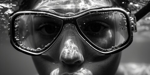 A close-up image of a person wearing a mask and goggles. This image can be used to depict safety measures, protection, or industrial work