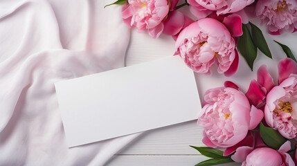 white form for congratulations, top view of pink peonies flowers and postcard