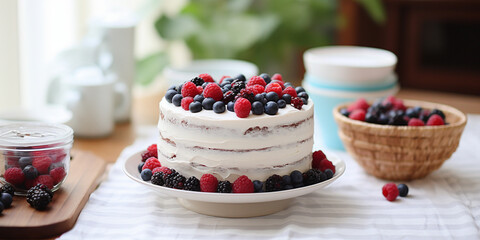 birthday cake with berries on the table