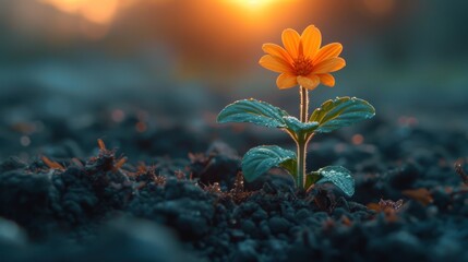  a close up of a single flower on a patch of dirt with the sun setting in the background and a blurry image of the ground and sky in the foreground.