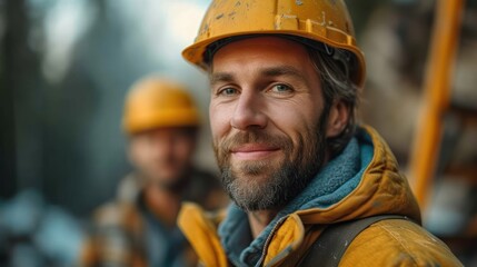  a close up of a man wearing a hard hat and a yellow jacket with a blue scarf around his neck and a man in the background wearing a yellow hard hat.