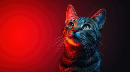  a close up of a cat's face with a red light shining on the cat's face and behind it is a black and white cat's head.