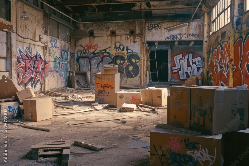 Poster A room filled with lots of boxes and graffiti. Ideal for urban-themed designs or representing clutter and disarray