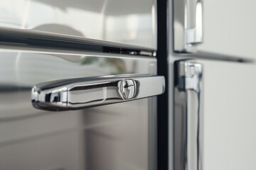 A detailed close-up of a door handle on a refrigerator. This image can be used to showcase modern kitchen appliances or to illustrate concepts related to home organization and food storage