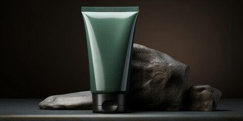 Hand moisturizer, cosmetic cream, deep green color plastic tube, mockup, front view