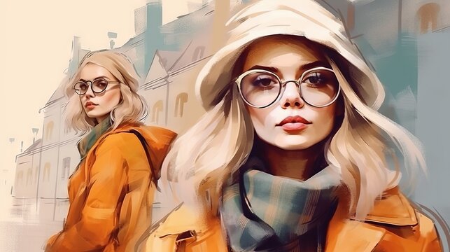 Stylized portrait of a modern woman surrounded by the street, graphic style. Concept: urban fashion and elegance, modern sports-chic or casual clothing, city life
