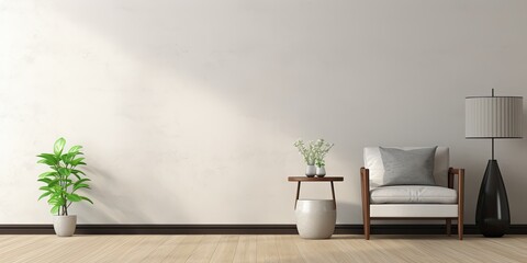 Spacious room with white decor, gray and black seating, wooden table, vase of flowers, lamp, carpet, and empty wall for design display.
