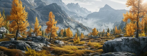 a rocky mountain meadow adorned with larch trees, set against the backdrop of a majestic mountain range, inviting viewers to immerse themselves in the tranquil grandeur of the natural landscape. - obrazy, fototapety, plakaty