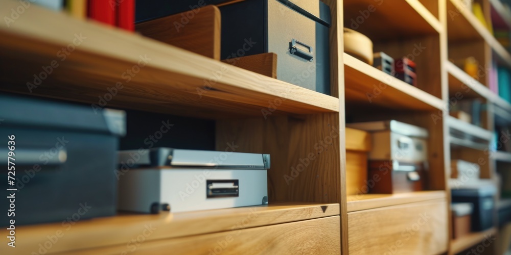 Aufkleber A room with numerous shelves and drawers, providing ample storage space. Perfect for organizing items and keeping them easily accessible