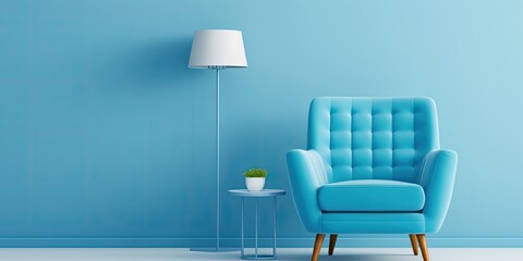 Blue armchair, lamp, and side table in bright interior.