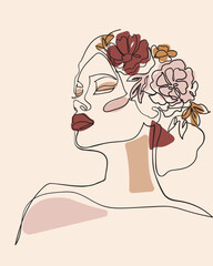 Woman face with flowers in her hair, line drawing art. - Vector illustration
