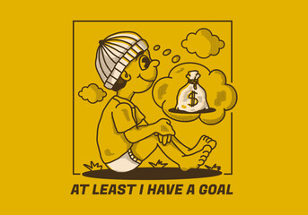 at least I have a goal. Retro character illustration of a beanie boy sitting and daydreaming