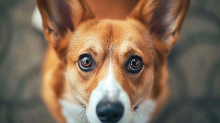 A brown and white dog looking up at the camera. Can be used to depict curiosity, loyalty, or as a pet portrait.