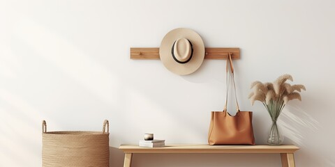 Minimalistic Korean living room with white mock-up poster frame, elegant accessories, wooden shelf, hanging rattan bag, hat, and bright decor.