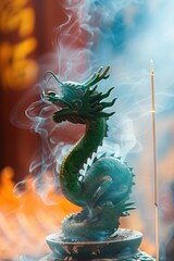 Fototapeta premium An artistic vertical composition showcasing the intricate carvings of a green wooden dragon against a backdrop of traditional Chinese lanterns, evoking the festive spirit of the New Year celebration