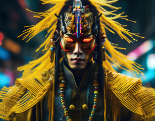 Asian man with cyberpunk traditional mask mash-up