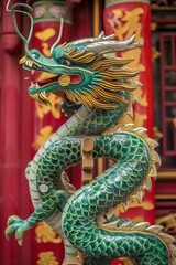 An artistic vertical composition showcasing the intricate carvings of a green wooden dragon against a backdrop of traditional Chinese lanterns, evoking the festive spirit of the New Year celebration