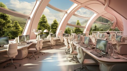 
futuristic university classroom with laptops